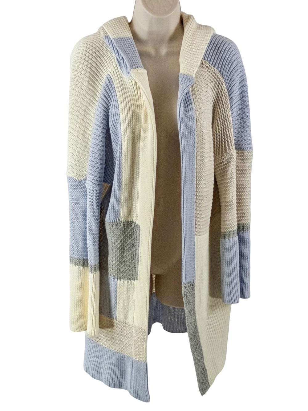 Open-Front Hooded Colorblock Cardigan Sweater in Cream & Light Blue